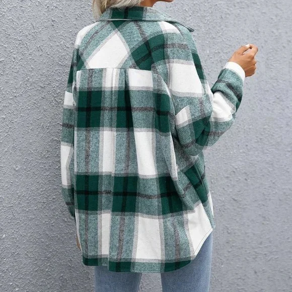 Green Casual Womens Plaid Flap Pocket Drop Shoulder Jacket - Picture 2 of 5